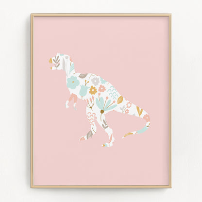 Pink Floral Dinosaur Art Prints (Set of 4)