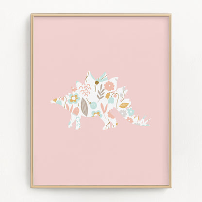 Pink Floral Dinosaur Art Prints (Set of 4)