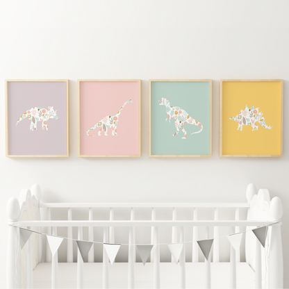 Rainbow Floral Dinosaur Art Prints (Set of 4)