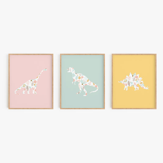 Rainbow Floral Dinosaur Art Prints (Set of 3)