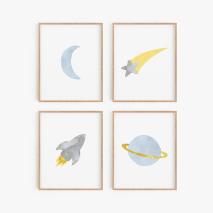 Blue and Gray Space Art Prints (Set of 4)