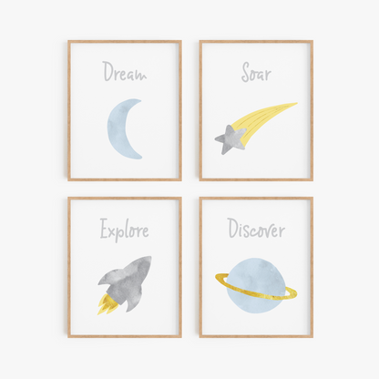 Blue and Gray Space Art Prints (Set of 4)