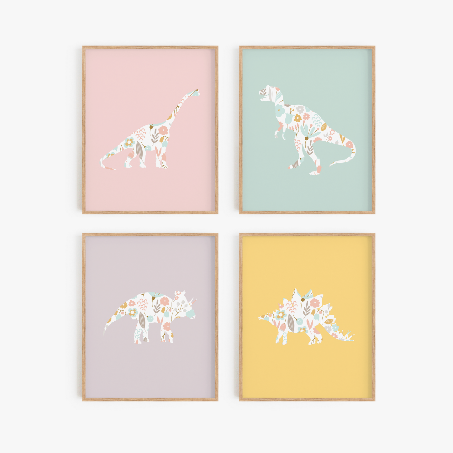 Rainbow Floral Dinosaur Art Prints (Set of 4)