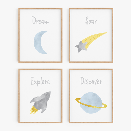 Blue and Gray Space Art Prints (Set of 4)