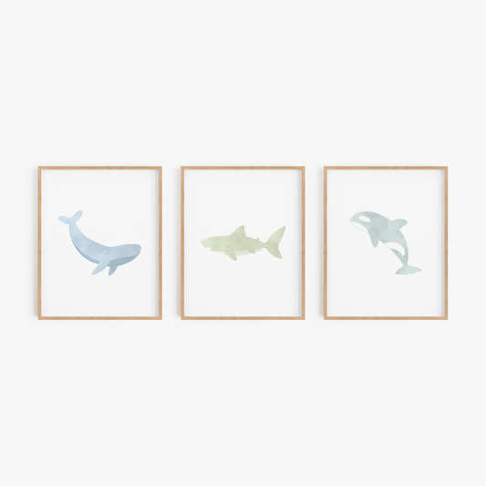 Watercolor Ocean Animal Art Prints (Set of 3)