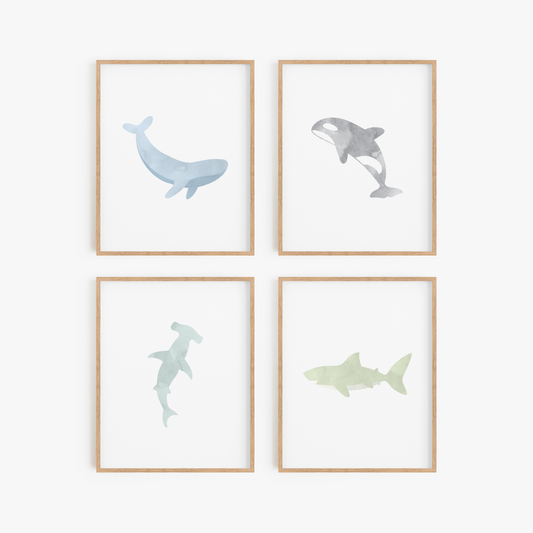 Watercolor Ocean Animal Art Prints (Set of 4)