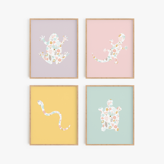 Rainbow Floral Reptile Art Prints (Set of 4)