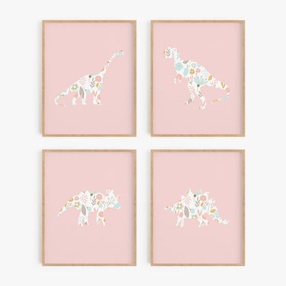 Pink Floral Dinosaur Art Prints (Set of 4)